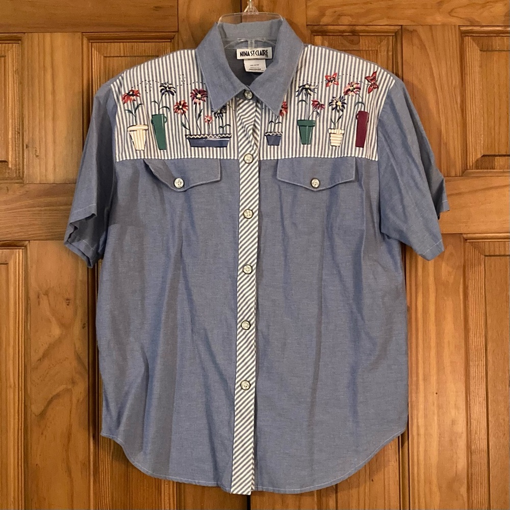 NWOT Nina St. Claire Vintage 80s 90s Top Short Sleeve Blouse Blue White M Medium
